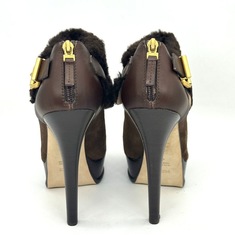 FENDI Fendista Shearling Fur Suede Buckle Platform Ankle Bootie Heels Boots - Picture 11 of 16